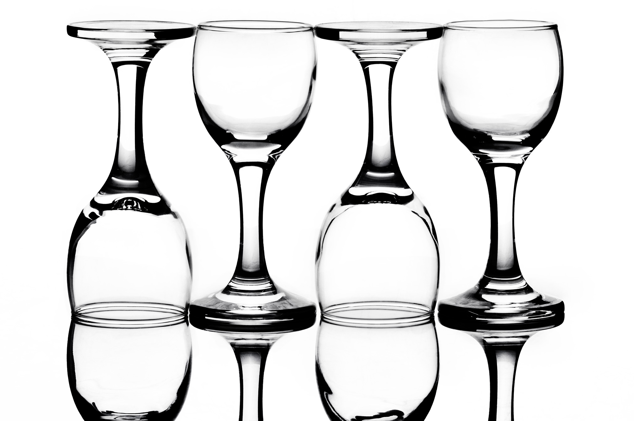 Landscape Photo, Set of Glassware photographed to show reflection on clear surface